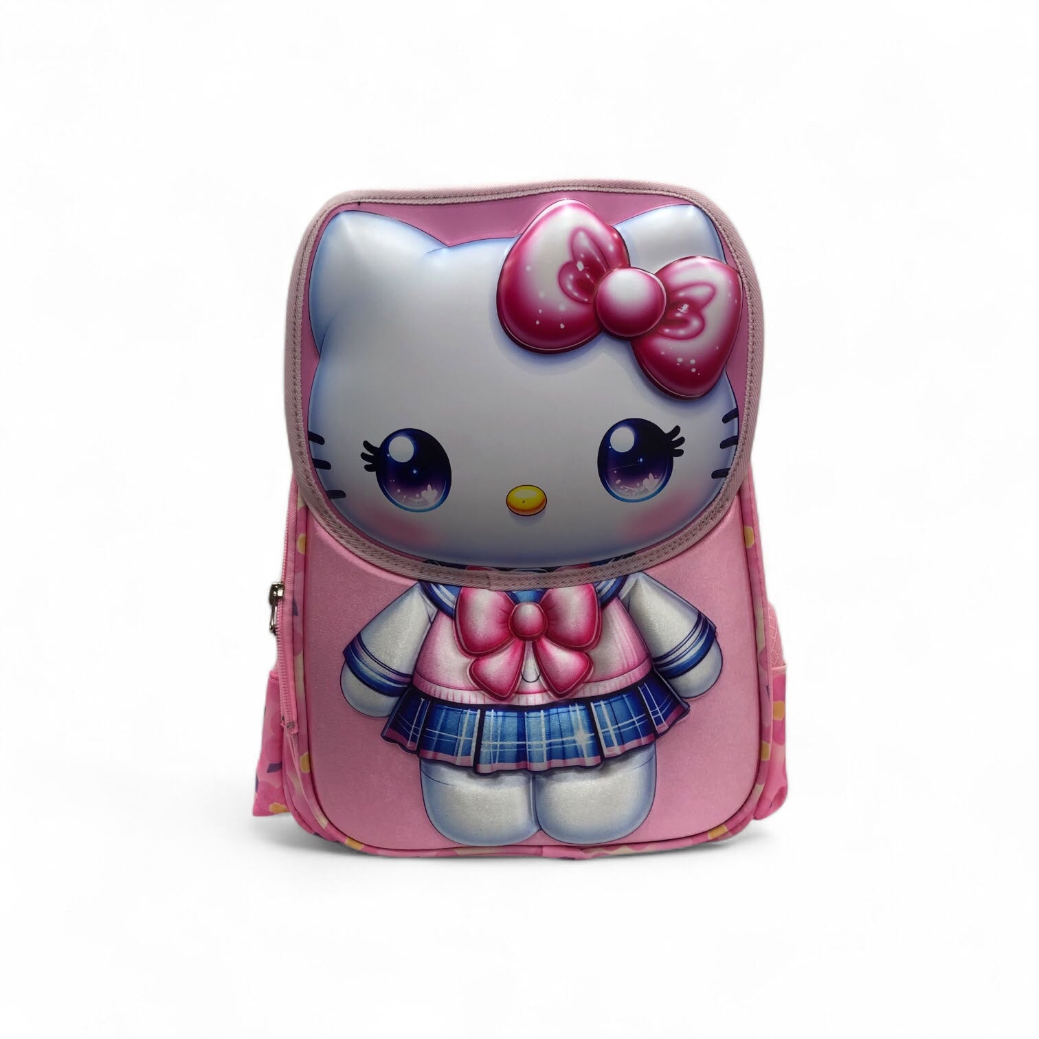 Pink cat-themed school backpack front with large bow detail and zipper closure
